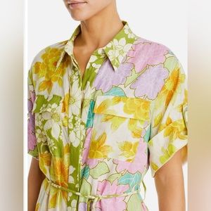 Mixed Floral Cotton Linen Luxury Print Shirtdress With Optional Tie Belt